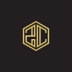 Initial letter ZC, minimalist line art hexagon shape logo, gold color on black background