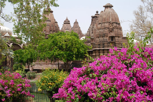 C&eacute;notaphes royaux et massif de bougainvilliers, jardins de Mandore, Jodhpur, Rajasthan, Inde