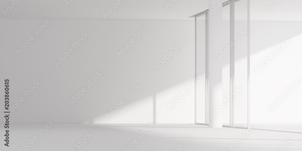Aufkleber 3d stimulate of white room interior space and concrete floor with sun light cast rhythm of shadow on
