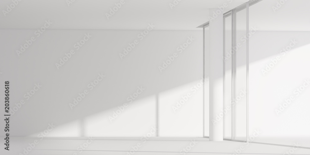 Aufkleber 3d stimulate of white room interior space and concrete floor with sun light cast rhythm of shadow on