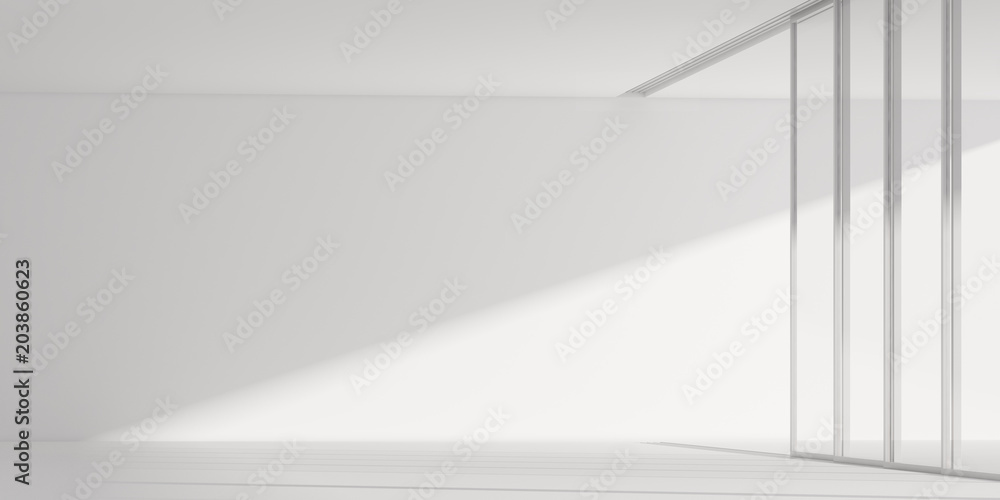 Aufkleber 3d stimulate of white room interior space and concrete floor with sun light cast rhythm of shadow on