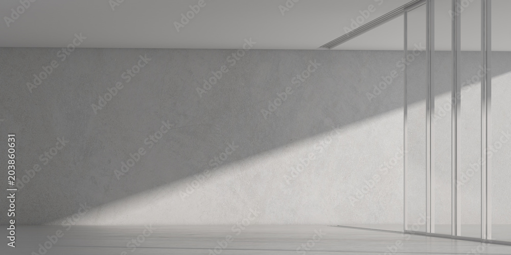Poster 3d stimulate of white room interior space and concrete floor with sun light cast rhythm of shadow on