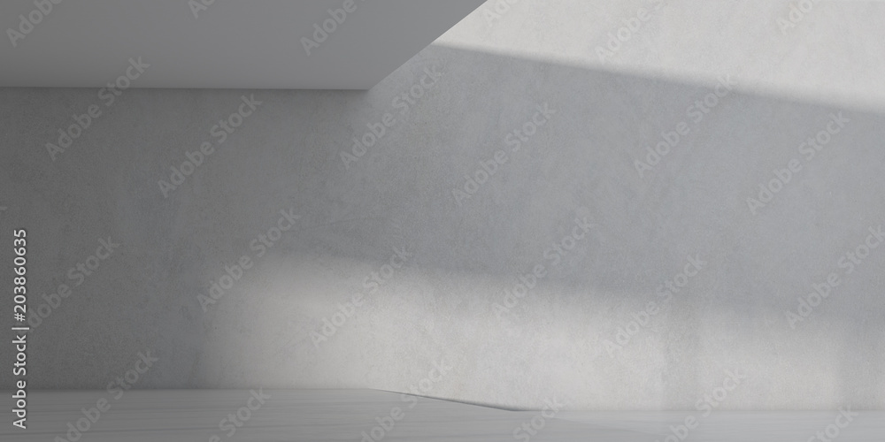 Poster 3d stimulate of white room interior space and concrete floor with sun light cast rhythm of shadow on