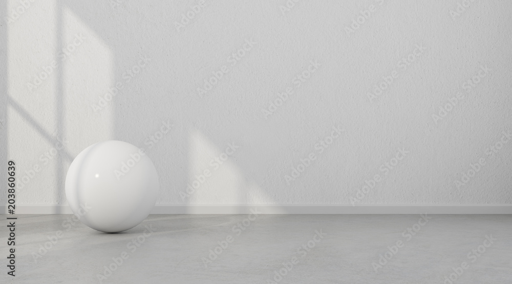 Aufkleber abstract of white geometric sphere balls are on clean concrete floor and wall background.3d renderin