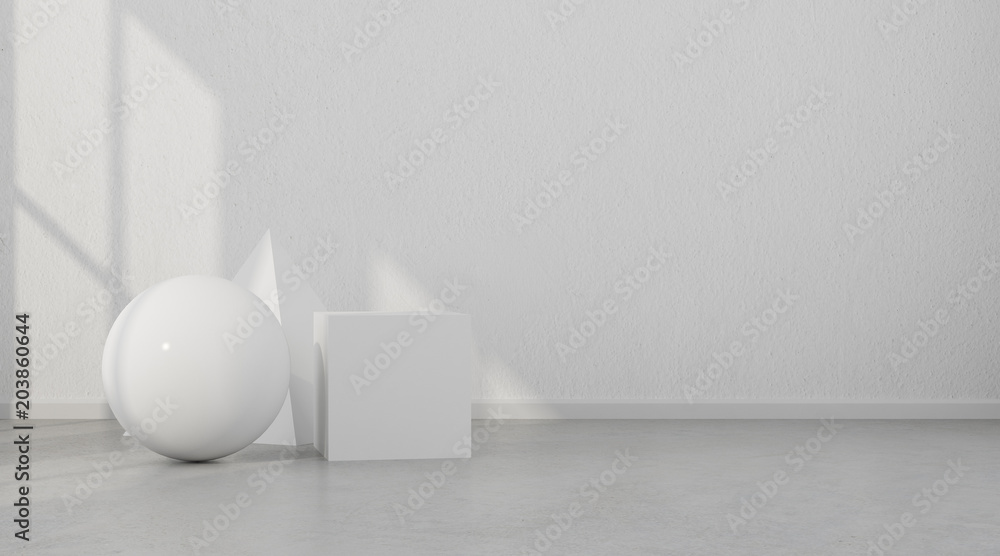 Poster abstract of white geometric objects and sphere ball on concrete floor and wall background.