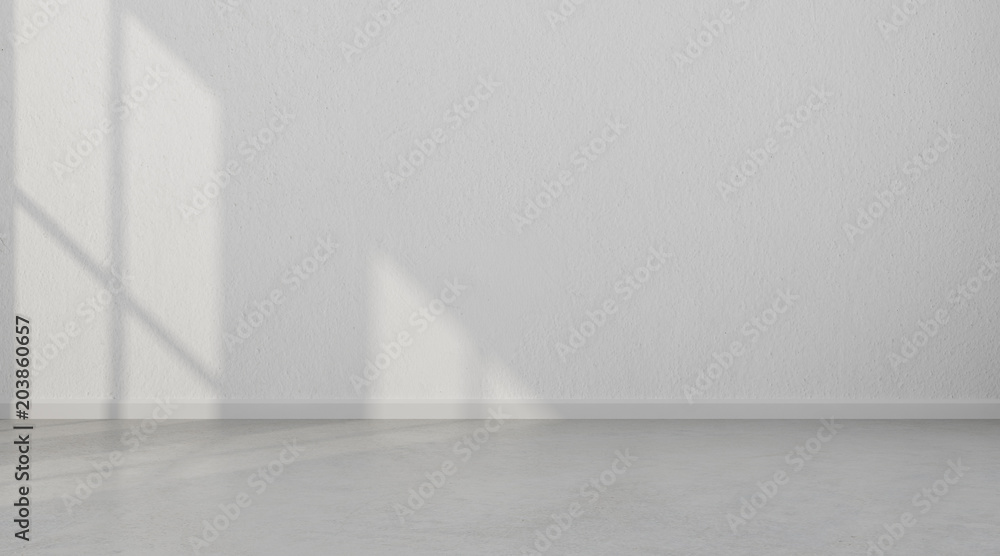 Poster 3d stimulate of white room interior and concrete floor with sun light cast the shadow on the wall,pe