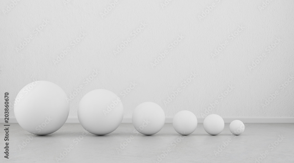 Poster abstract of white geometric sphere balls are on clean concrete floor and wall background.3d renderin