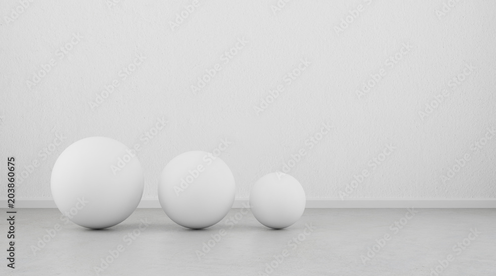 Poster abstract of white geometric sphere balls are on clean concrete floor and wall background.3d renderin