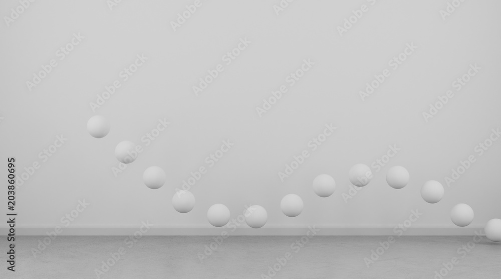 Poster Abstract of white geometric sphere balls are flow on clean concrete floor and wall background.3d rendering