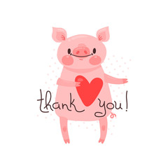 Obraz na płótnie Canvas Illustration with joyful piggy who says - thank you. For design of funny avatars, posters and cards. Cute animal in vector