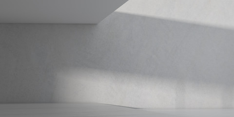 3D stimulate of white room interior space and concrete floor with sun light cast rhythm of shadow on the wall,Perspective of minimal design architecture	