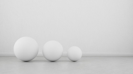 Abstract of white geometric sphere balls are on clean concrete floor and wall background.3d rendering