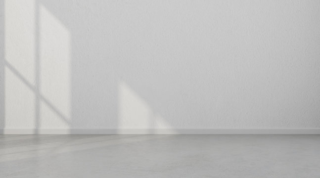 3D stimulate of white room interior and concrete floor with sun light cast the shadow on the wall,Perspective of minimal design architecture	