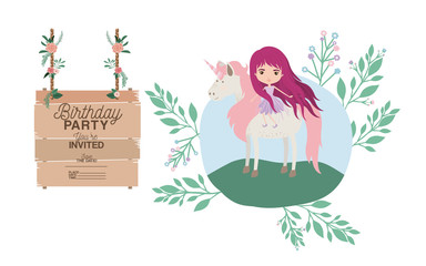 invited birthday party card with unicorn and fairy vector illustration design