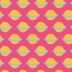 Yellow doodle planet in pink background. A playful, modern, and flexible pattern for brand who has cute and fun style. Repeated pattern. Happy, bright, and magical mood.