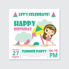 Cute girl on summer party vector cartoon illustration for birthday card design, postcard, and wallpaper