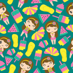 Seamless pattern of cute girl and summer elements vector cartoon illustration for kid wrapping paper, kid fabric clothes, and wallpaper