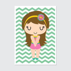 Cute girl wears swimsuit on chevron background vector cartoon illustration for baby nursery wall, wallpaper and postcard