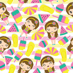 Seamless pattern of cute girl and summer elements on striped background vector cartoon illustration for kid wrapping paper, kid fabric clothes, and wallpaper