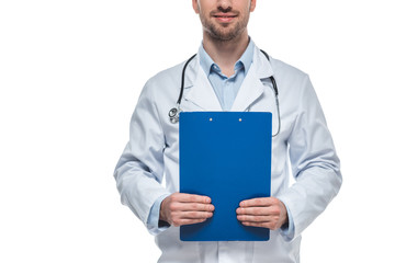 cropped shot of male doctor with stethoscope and clipboard isolated on white background