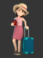 3d render of an adult female with a luggage and passport