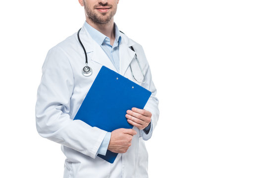 cropped image of male doctor with stethoscope and clipboard isolated on white background