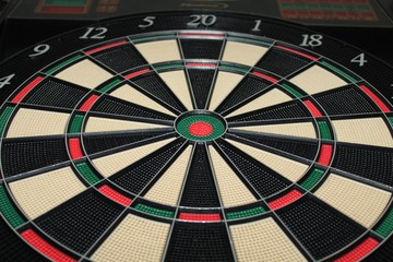 view of an electonic dart board from down hear the bottom, looking up