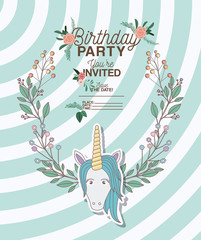invited birthday party card with unicorn vector illustration design