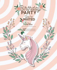 invited birthday party card with unicorn vector illustration design