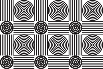 Grayscale geometric seamless background pattern with concentric circles and parallel lines.  Tiled vector pattern of abstract shapes and squares. Neutral shades of black and white.