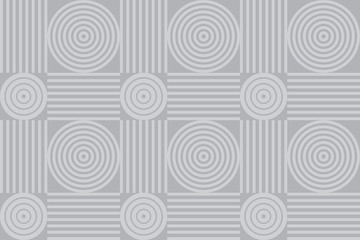 Grayscale geometric seamless background pattern with concentric circles and parallel lines.  Tiled vector pattern of abstract shapes and squares. Neutral shades of black and white.