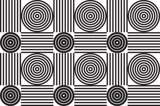 Grayscale geometric seamless background pattern with concentric circles and parallel lines.  Tiled vector pattern of abstract shapes and squares. Neutral shades of black and white.