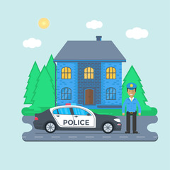 Obraz na płótnie Canvas Police patrol on a road with police car, officer, house, nature landscape.