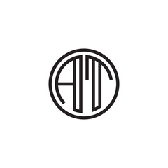 Initial letter AT, minimalist line art monogram circle shape logo, black color
