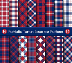 Obraz premium Patriotic Tartan Set of White , Blue, Red Seamless Patterns