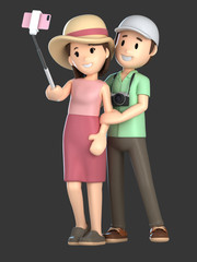 3d render of a couple taking a selfie on a vacation;