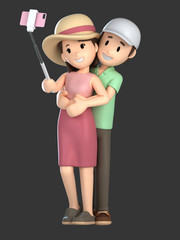 3d render of a couple taking a selfie on a vacation;
