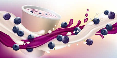 Splashes of milk and blueberry jam are intertwined. Realistic Vector illustration.