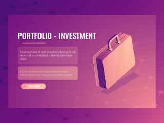 Isometric vector suitcase, portfolio investment and finance, abstract background