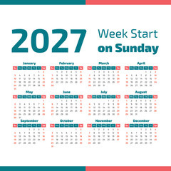 Simple 2027 year calendar