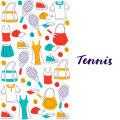 Hand Drawn Doodle Tennis Set.  Vector Illustration Sport Equipment  Isolated on White.