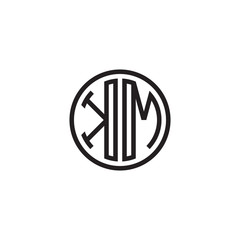 Initial letter KM, minimalist line art monogram circle shape logo, black color
