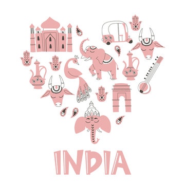 Heart Shape Collection of India Hand Drawn Elements and Lettering.
