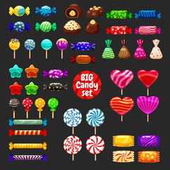 Set of different sweets on black background - hard candies dragee jelly beans peppermint candy. Vector illustration, isolated