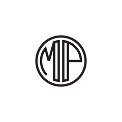 Initial letter MP, minimalist line art monogram circle shape logo, black color