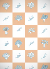 Vertical card with cute cartoon plants and flowers in pots and tulips. Checkered orange and white background.