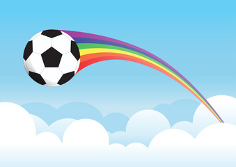 Naklejka premium soccer ball with rainbow trail on clouds and sky background