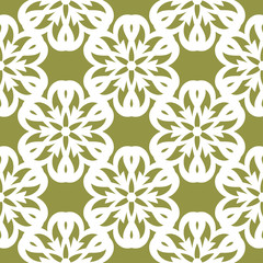 Fototapeta premium White floral seamless pattern on olive green background
