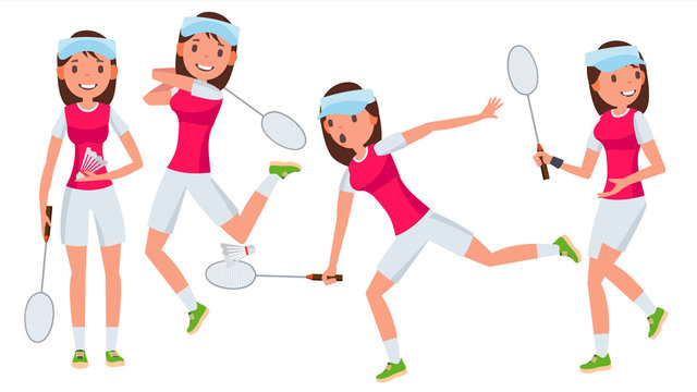 Badminton Female Player Vector. In Action. Championship Training. Cartoon Character Illustration