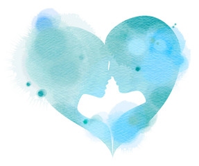 Romantic Valentine lovers silhouette on watercolor heart background. Love at first sign concept